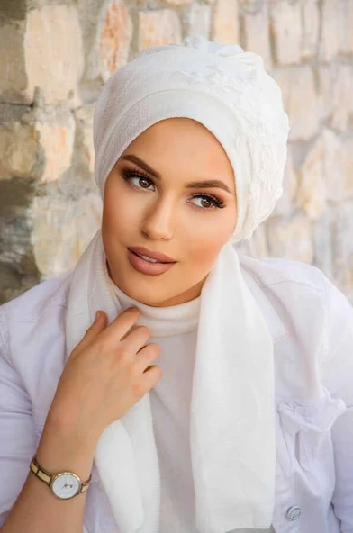 Beyaz Nakışlı Atkılı Abiye Bone - 60101 - 2