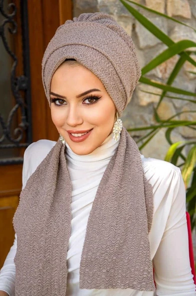 Taş Rengi Piliseli Atkılı Bone - Resim 3