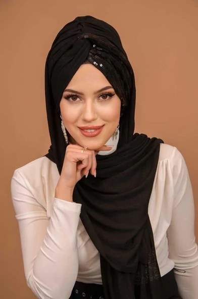 Siyah Payetli Burgu Model Hazır Abiye Şal - 2