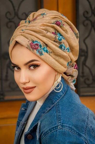 Camel Yaprak Desenli Tokalı Bone - Resim 3