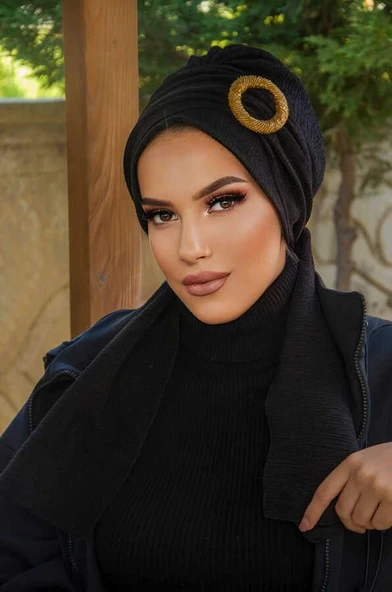 Siyah Gold Tokalı Atkılı Bone - Resim 2