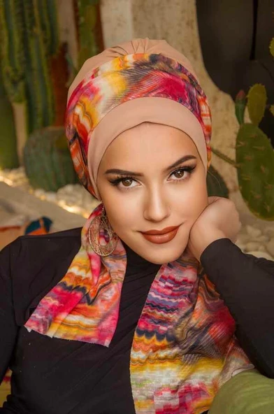 Bej Geometrik Desen Fularlı Bone ürün görseli