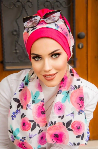 Fuşya Çiçek Desen Fularlı Bone - Resim 3