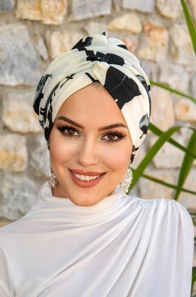 Füme Beyaz Desenli Hazır Burgu Düğüm Bone - Resim 3