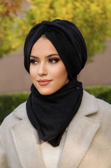 Siyah Triko Kışlık Burgu Bone Ve Etol Takım - Resim 3