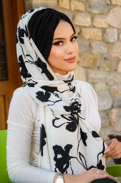 Beyaz Siyah Yaprak Desen Kelebek Model Büzgülü Bone Şal - Resim 3