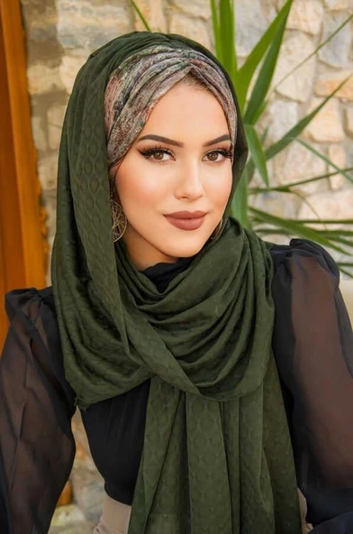 Haki Batik Desenli Hazır Şal - Resim 3