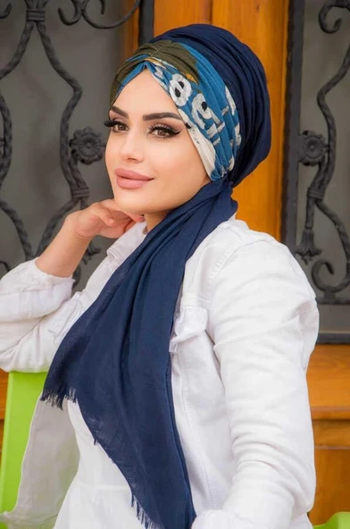 Lacivert Kolaj Desenli Büzgülü Hazır Şal ürün görseli