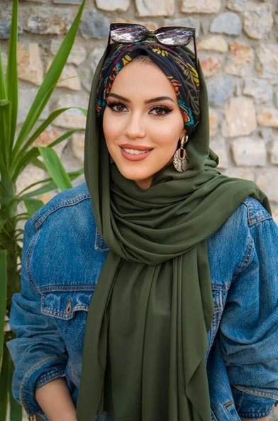 Haki Siyah Çiçek Desen Hazır Şal - Resim 3