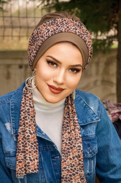 Vizon Leopar Desen Fularlı Bone - Resim 2