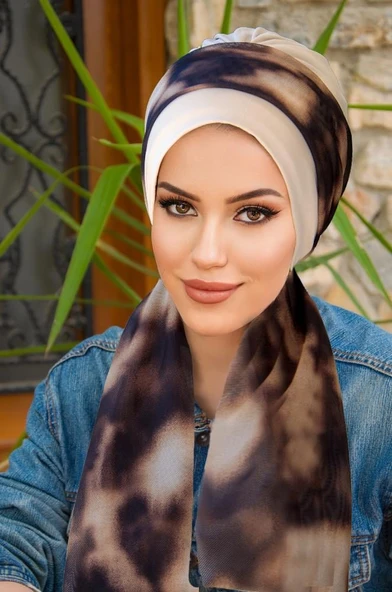 Kemik Kahve Batik Desen Fularlı Bone ürün görseli