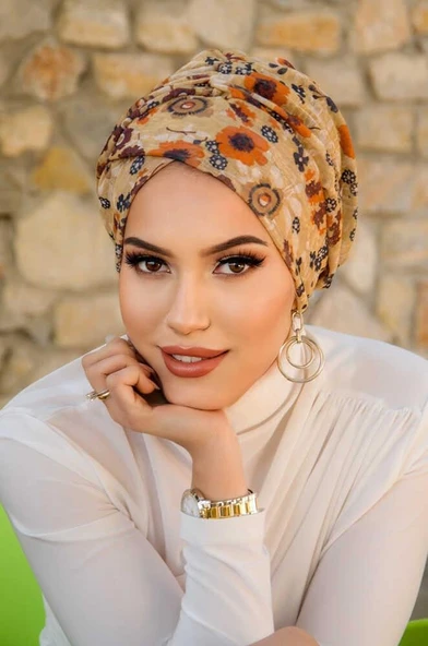 Camel Çiçek Desen Çapraz Bantlı Bone ürün görseli