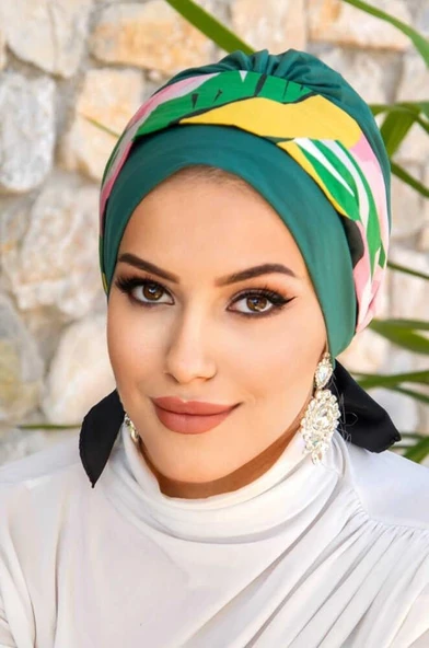 Yeşil Çok Renkli Bantlı Bone - Resim 3