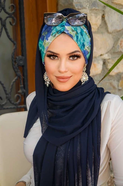 Lacivert Turkuaz Çiçek Desen Hazır Şal - Resim 3