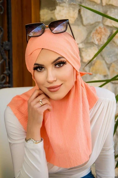 Somon Bürümcük Çapraz Bantlı Medium Size Hijab - Hazır Şal - Resim 2