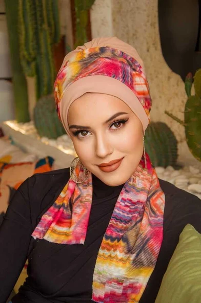 Bej Geometrik Desen Fularlı Bone - Resim 3