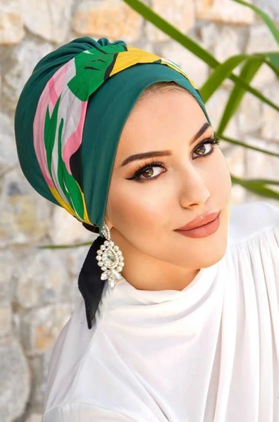 Yeşil Çok Renkli Bantlı Bone - Resim 2