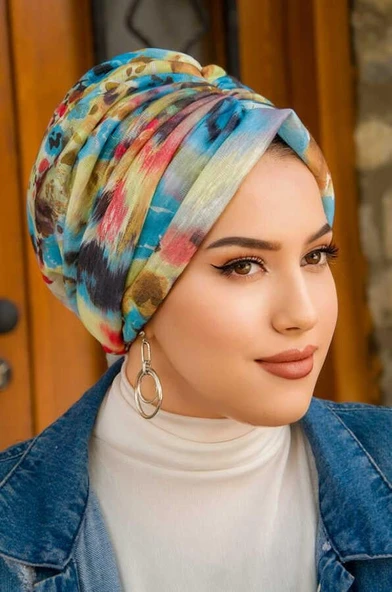 Mavi Çok Renkli Çiçek Desen Tokalı Bone - 3