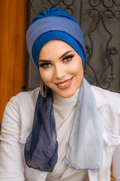 Koyu Mavi Batik Fularlı Desen Fularlı Bone - Resim 2