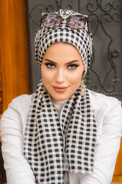 Ekru Ekoseli Atkılı Bone - Resim 3