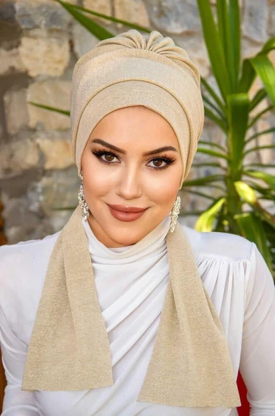 Bej Hazır Işıltılı Atkılı Bone - Resim 3