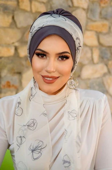 Antrasit Beyaz Çiçek Desen Fularlı Bone - Resim 3