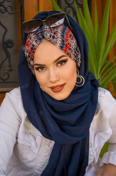 Lacivert Bordo Etnik Desen Büzgülü Hazır Şal - Resim 2