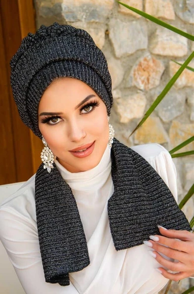 Siyah Gümüş Fitilli Atkılı Tesettür Bone - Resim 3