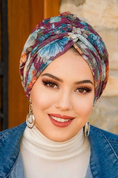 Bordo Çiçek Desen Burgu Bone - Resim 3