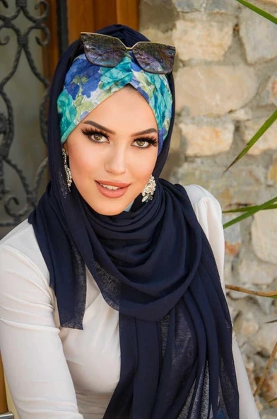 Lacivert Turkuaz Çiçek Desen Hazır Şal - Resim 2