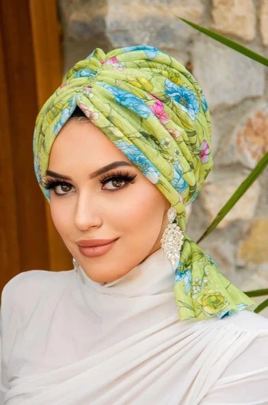 Fıstık Yeşil Çiçekli Tokalı Bone - Resim 3