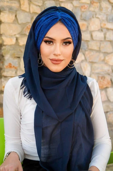 Lacivert Kot Büzgülü Hazır Şal - Resim 2