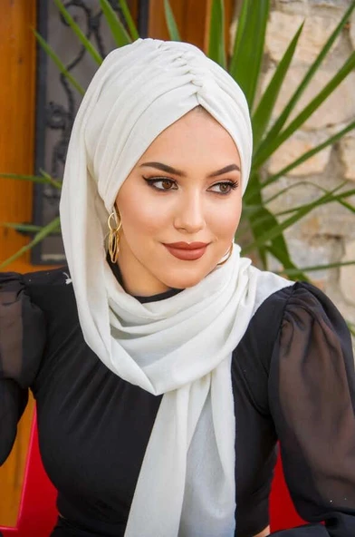 Beyaz Kelebek Model Büzgülü Bone Şal - Resim 3
