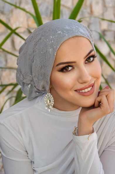 Gümüş Varaklı Çağla Hazır Türban - Resim 3