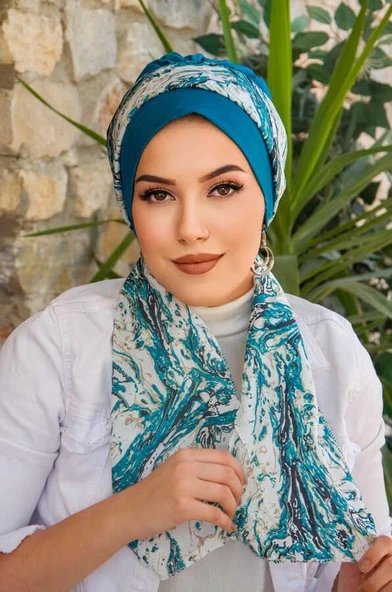 Petrol Mavi Beyaz Desen Fularlı Bone - Resim 2