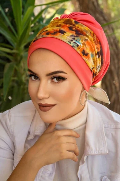 Mercan Turuncu Bantlı Hazır Bone - Resim 2