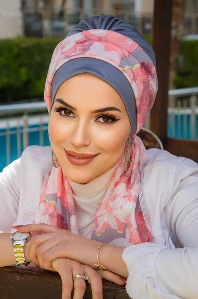 Gri Pudra Desenli Fularlı Bone ürün görseli