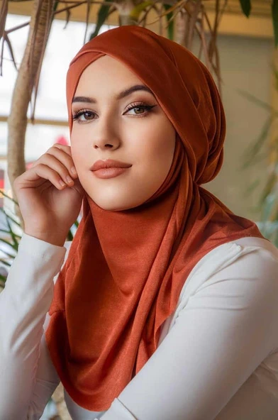 Kiremit Çapraz Bantlı Medium Size Hijab - Hazır Şal - Resim 3