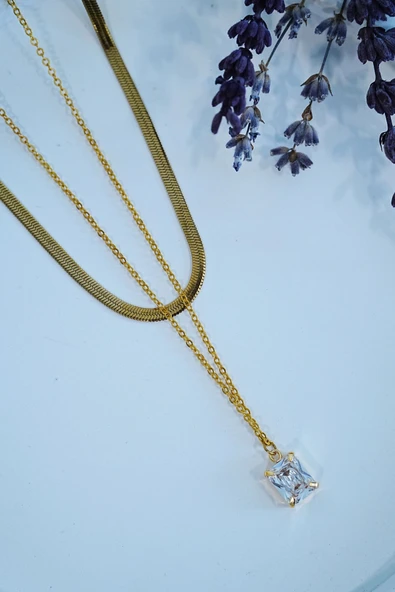 Baget Taşlı Altın Renk İtalyan Bakla Zincirli Kadın Çelik Kolye - Lisinya - 3