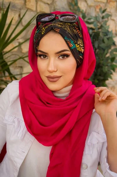 Fuşya Siyah Çiçek Desen Hazır Şal - Resim 2