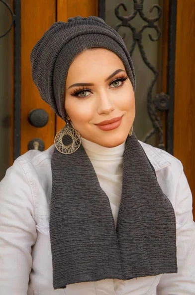 Antrasit Krınkıl Atkılı Tesettür Bone - Resim 3