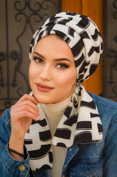 Siyah Beyaz Desen Atkılı Bone - Resim 2