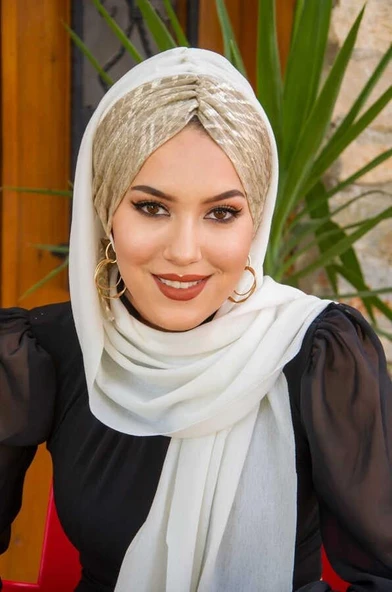 Beyaz Dore Kelebek Model Büzgülü Bone Şal ürün görseli