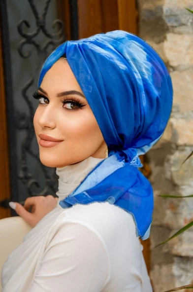 Mavi Batik Desen Tül Tokalı Bone - Resim 2