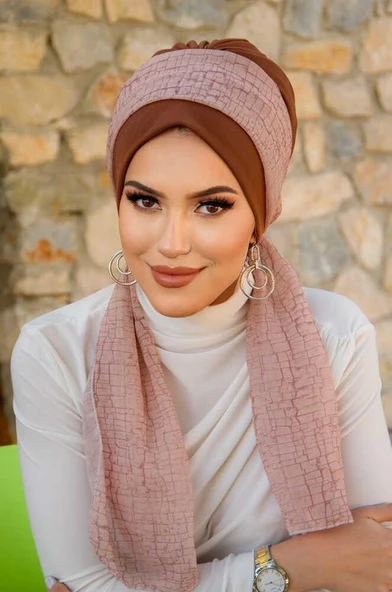 Karamel Bej Desen Fularlı Bone - Resim 2