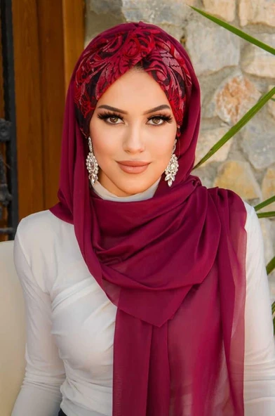 Bordo Çiçek Desen Burgu Hazır Şal - Resim 2