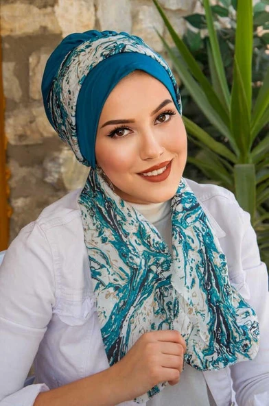 Petrol Mavi Beyaz Desen Fularlı Bone ürün görseli