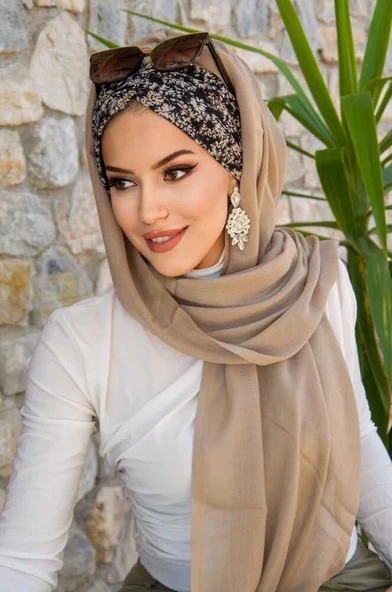 Bej Siyah Çiçek Desen Hazır Şal - Resim 2