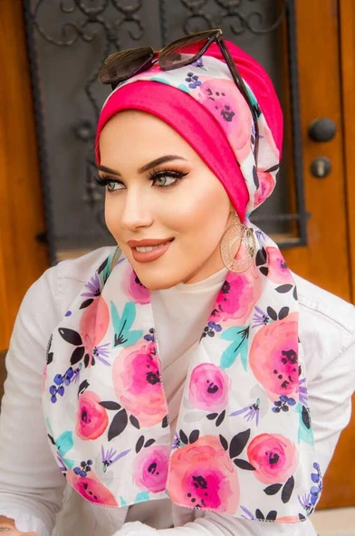 Fuşya Çiçek Desen Fularlı Bone - Resim 2