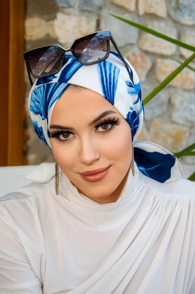 Lacivert Beyaz Yaprak Desen Çapraz Bone - Resim 2